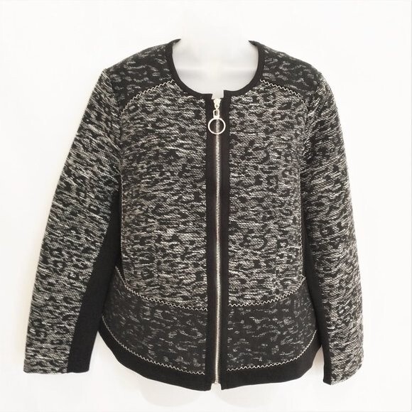 Chico's Black White Knit Animal Print Jacket Size 2 (L) Jacquard Full Zip - Picture 2 of 10